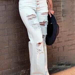 High waisted flare leg distressed jeans
